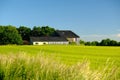 View of the grass field before buildings and trees on a sunny day in the countryside Royalty Free Stock Photo