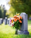 View of gravestone with flowers Royalty Free Stock Photo