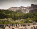 View of graveyard with Krn mountain on the background Royalty Free Stock Photo