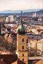 View at Graz city with his famous buildings. River mur. Vertical photo Royalty Free Stock Photo