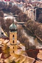 View at Graz city with his famous buildings. River mur. Vertical photo Royalty Free Stock Photo