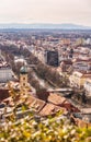 View at Graz city with his famous buildings. River mur. Vertical photo Royalty Free Stock Photo