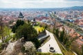 View at Graz City from Schlossberg hill, City rooftops, Mur river and city center, clock tower. Royalty Free Stock Photo