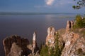 View of the great river with the high rocky shore.