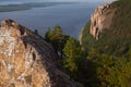 View of the great river with the high rocky shore.