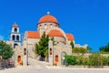 View on Greek monastery with classic red roofing, Greece Royalty Free Stock Photo