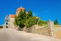 View on Greek typical church with classic red roofing, Greek Isl Royalty Free Stock Photo