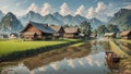 View of green fields and charming farmhouses nestled the mountain in background presents a picturesque and idyllic countryside