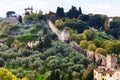 View of green gardens and wall of Giardino Bardini