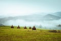 View of the green hills which glowing by sunlight. Retro and vintage style. Instagram toning effect Royalty Free Stock Photo