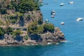 View of green lush hills and cliffs of Portofino town area, Ligurian seaside, Italy