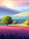 View of a green meadow on the hills with blue sky, vector cartoon spring or summer landscape, panoramic rural mountain Royalty Free Stock Photo