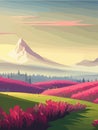 View of a green meadow on the hills with blue sky, vector cartoon spring or summer landscape, panoramic rural mountain Royalty Free Stock Photo