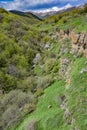 View of the green mountains from the Wings of Tatev cable car. Picturesque views. Armenia 2019