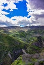 View of the green mountains from the Wings of Tatev cable car. Picturesque views. Armenia 2019