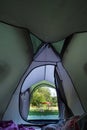 View from a green purple nylon tent to the campsite outside