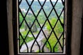 View of the green trees of the mountain of Loket, in Czech Republic, through the grills of a window from Loket Castle Royalty Free Stock Photo