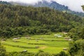 View of green valley with clouds over mountains in Bhutan. Royalty Free Stock Photo