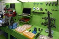 View on green working place with equipment and tools for car trucks components parts details diagnostic calibration maintenance re