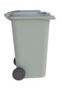 Beside view of grey garbage wheelie bin with a closed lid on a white background