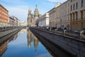 View of the Griboyedov canal and Church of Resurrection (Savior on blood), sunny march afternoon. Saint Petersburg