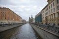 View of the Griboyedov Canal from the Italian Bridge in St. Petersburg.