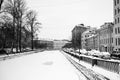 View of the Griboyedov Canal under the ice in winter, St. Petersburg, Russia..