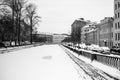 View of the Griboyedov Canal in the winter, St. Petersburg, Russia. Black and white photo.