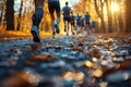 View from the ground of a group of runners in a popular race running through a path with a large grove of trees and golden Royalty Free Stock Photo