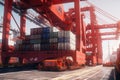 View from the ground to a huge port crane. Loading containers from a railway platform onboard a container ship. Global Royalty Free Stock Photo