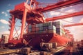 View from the ground to a huge port crane. Loading containers from a railway platform onboard a container ship. Global Royalty Free Stock Photo