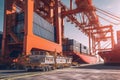 View from the ground to a huge port crane. Loading containers from a railway platform onboard a container ship. Global Royalty Free Stock Photo