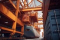 View from the ground to a huge port crane. Loading containers from a railway platform onto a container ship. Global