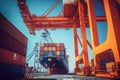 View from the ground to a huge port crane. Loading containers from a railway platform onto a container ship. Global