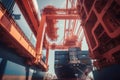 View from the ground to a huge port crane. Loading containers from a railway platform onto a container ship. Global