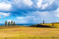 View of the group of five Moai Statues Ahu Vai Uri, Ahu Ko Te Riku with hat and Ahu Tahai in The archaeological site of Tahai on