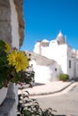 View of group of traditional trulli houses in the Aia Piccola residential area of Alberobello in the Itria Valley, Puglia Italy