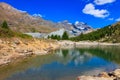 View of Grunsee lake (Green Lake) and the Swiss Alps at summer on Five Lakes Trail in Zermatt, Switzerland