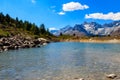 View of Grunsee lake (Green Lake) and the Swiss Alps at summer on Five Lakes Trail in Zermatt, Switzerland