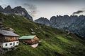 View from Gruttenhuette, an alpine hut on Wilder Kaiser mountains, Going, Tyrol, Austria -  Hiking in the Alps of Europe Royalty Free Stock Photo
