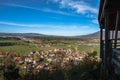 View on the Gruyeres village, Switzerland, and surrounding hills in autumn light. Royalty Free Stock Photo