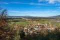 View from the Gruyeres castle hill, Switzerland on the Gruyeres village and surrounding alps. Royalty Free Stock Photo