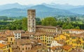 A view from the Guinigi Tower towards the Saint Frediano church in Lucca, Italy