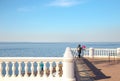 View of the Gulf of Finland and the white Baroque fence in the Peterhof Museum. St. Petersburg, Russia.