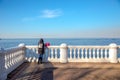 View of the Gulf of Finland and the white Baroque fence in the Peterhof Museum. St. Petersburg, Russia.