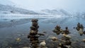 A view of the Gurudongmar lake with snow covered peaks, Sikkim, India