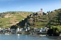 View of Gutenfels medieval castle and the town Kaub in the famous Rhine Gorge