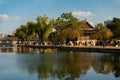 View of the Gyeonghoeru elevated pavilion with an artificial pond in Seoul, South Korea.