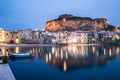 View on habour and old houses in Cefalu at night, Sicily Royalty Free Stock Photo