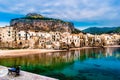 View on habour and old houses in Cefalu at night, Sicily